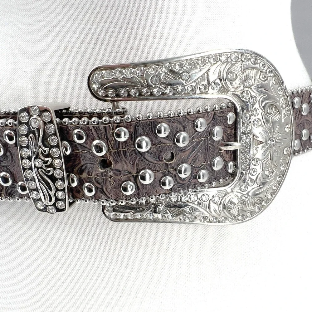 Women's Western Belt Brown Floral Embossed Rhinestone Studded Silver Bling Y2K L